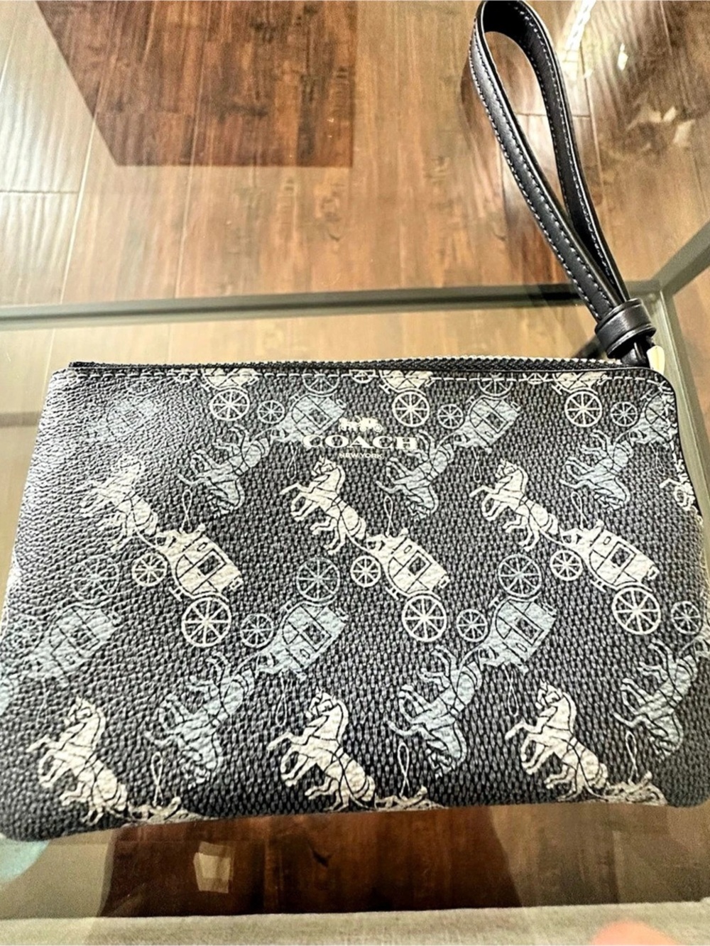 Coach Corner Zip Wristlet with Horse and Carriage Print Black & White